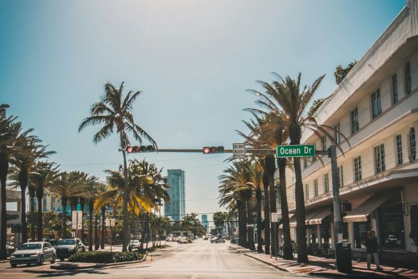 A sunlit street scene with palm trees, cars, and buildings, featuring a sign that reads "Ocean Dr", under a bright blue sky.