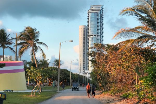 A path lined with palm trees leads to modern skyscrapers with people walking. The sky is clear with only a few clouds.