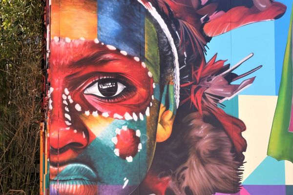A vibrant mural featuring a colorful, expressive face with traditional adornments, blending abstract and realistic styles.