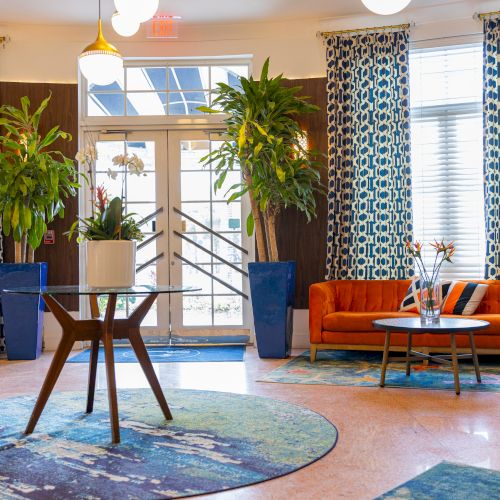 A lobby with orange sofa, colorful rug, and plants; blue curtains and glass doors provide a bright, inviting space.