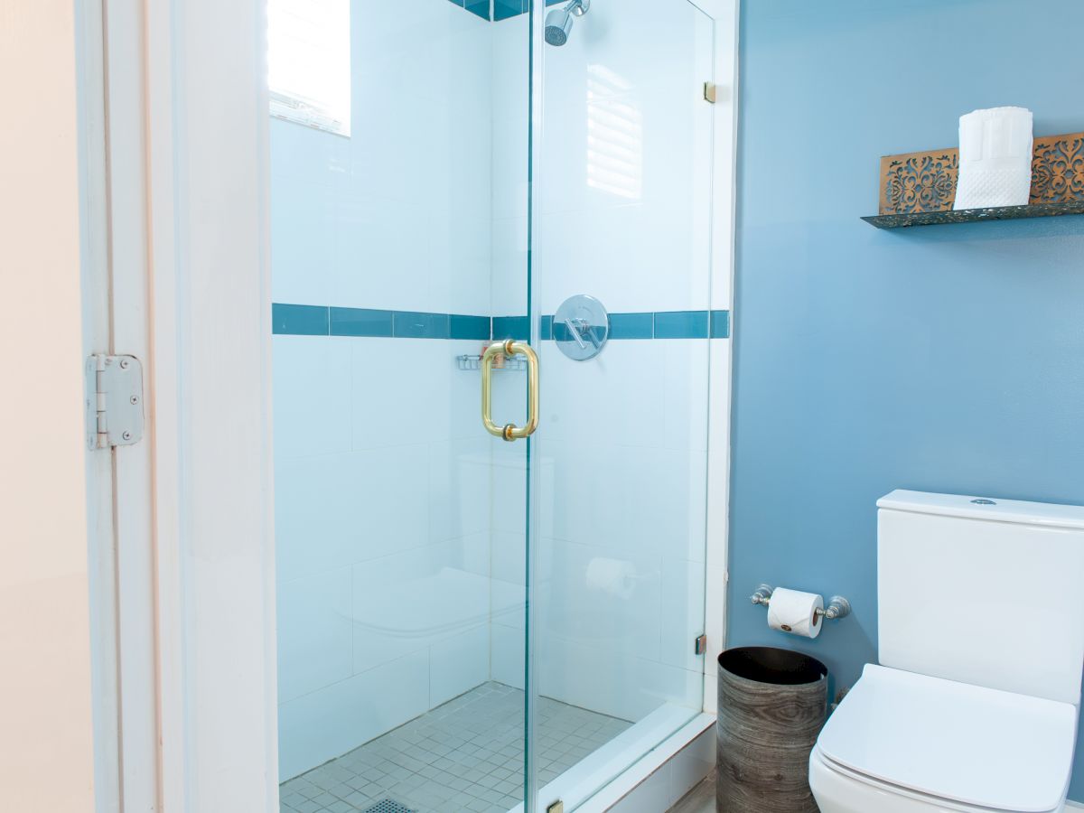 A bathroom with a glass shower, toilet, toilet paper holder, trash bin, and a decorative shelf with a paper towel on a blue wall.