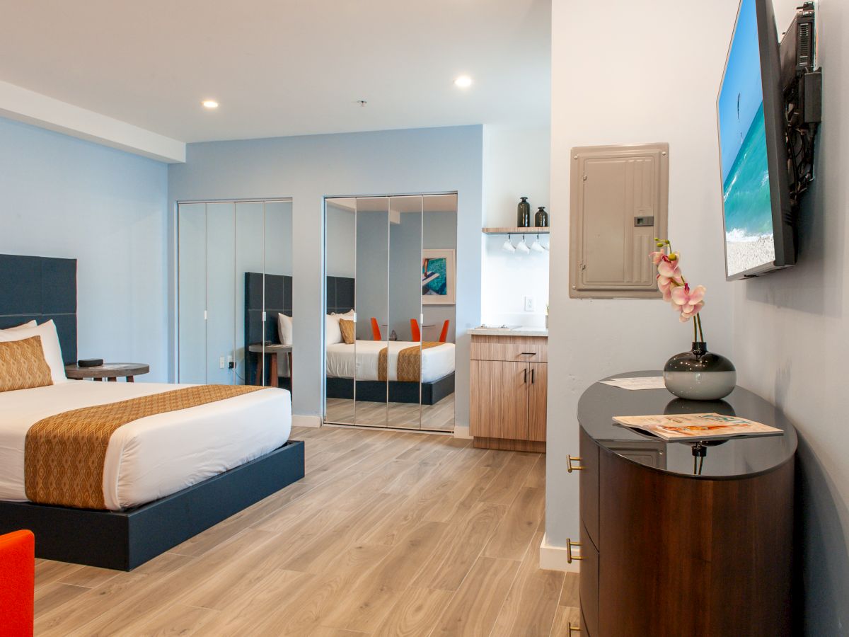 A modern hotel room with a bed, mirrored closet, TV, wooden furniture, and a decorative orchid on a table.