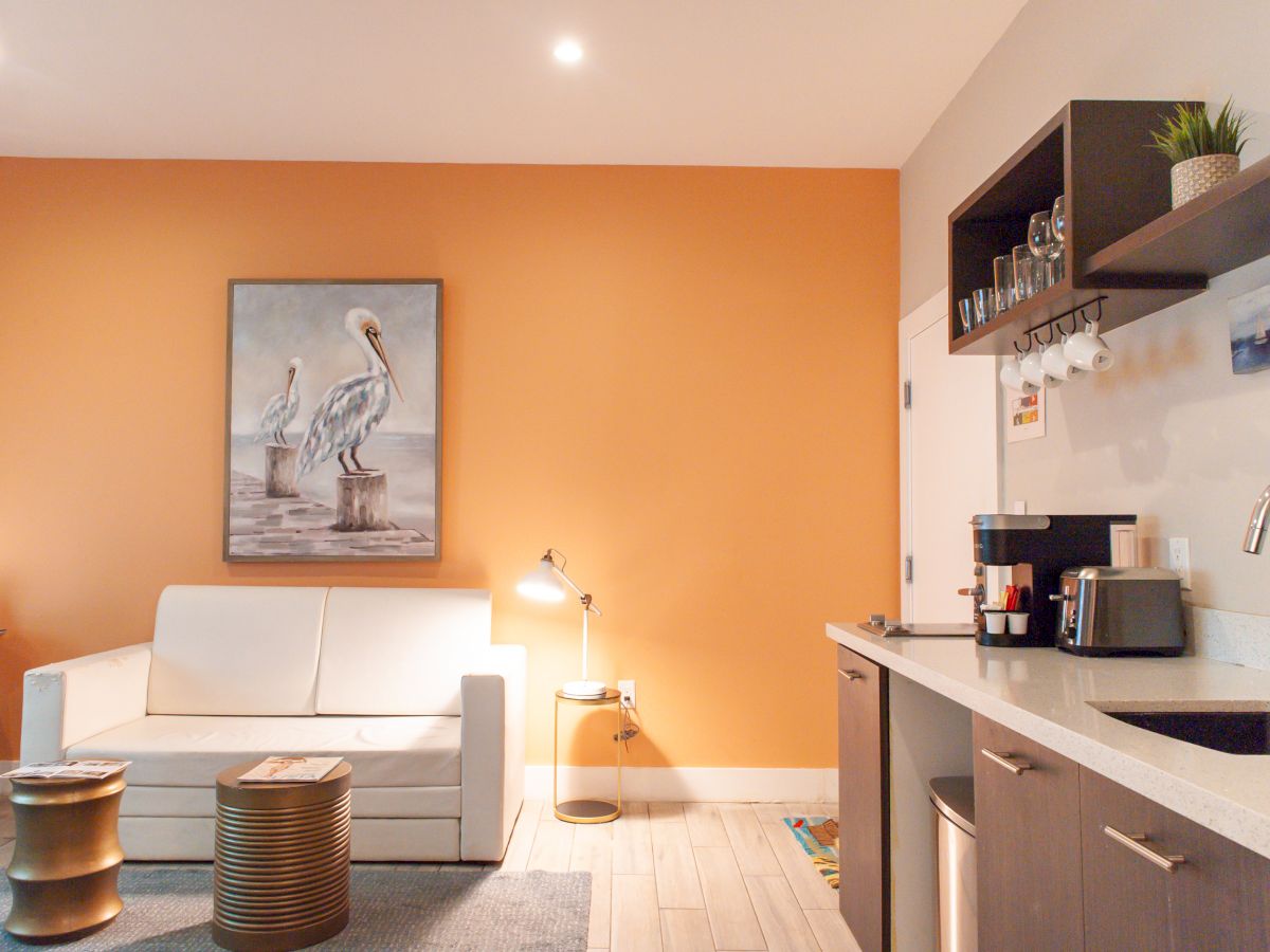 A cozy room with an orange wall features a sofa, pelican painting, lamp, side table, and kitchen area with a coffee maker and sink.