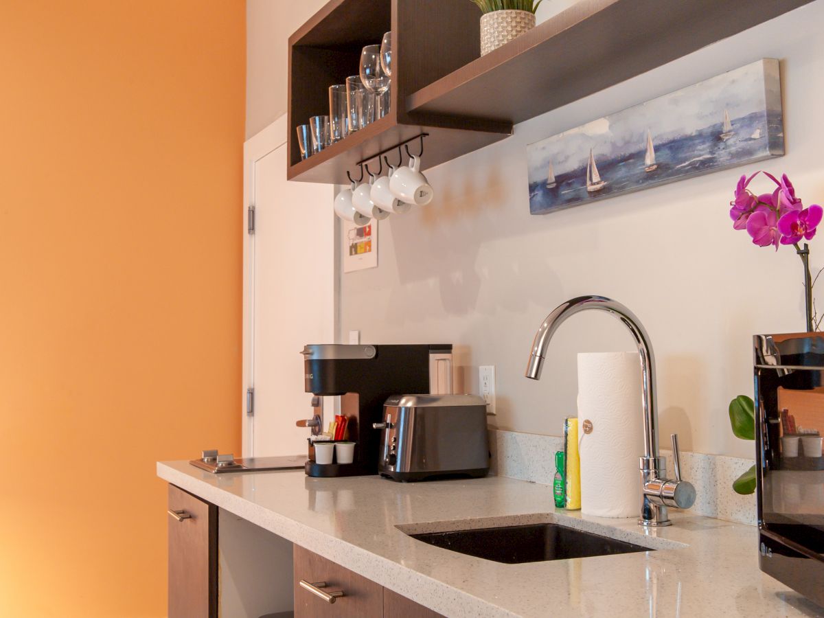 A modern kitchen area with a coffee machine, toaster, sink, paper towel, decorative plant, and wall art of sailboats.
