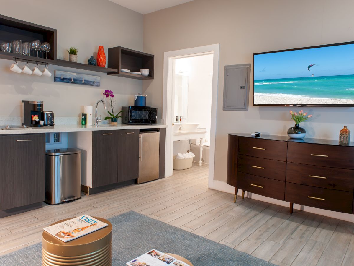 A modern kitchen with shelves, sink, microwave, and coffee maker, adjacent to a living area with a TV and dresser.