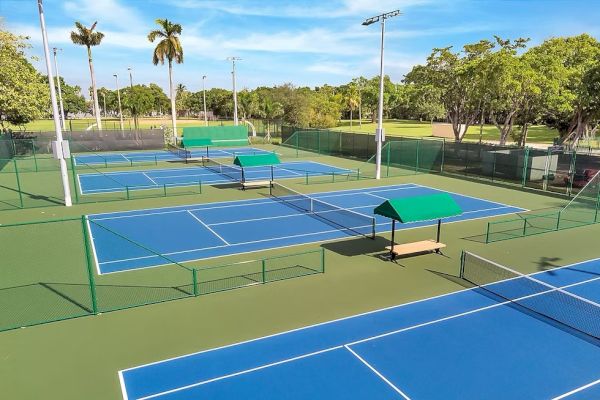 The image shows several blue pickleball courts with green fencing and benches, set in a sunny park with trees and palm trees around.