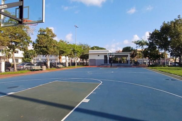 An outdoor basketball court with blue surface, surrounded by trees and buildings, under a clear blue sky.