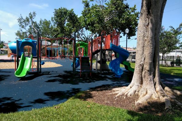 A colorful playground with slides, climbing structures, and a large tree on the right.