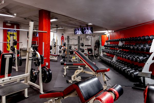 A gym with red and black decor, weightlifting equipment, benches, and dumbbells organized on racks, under bright lights.